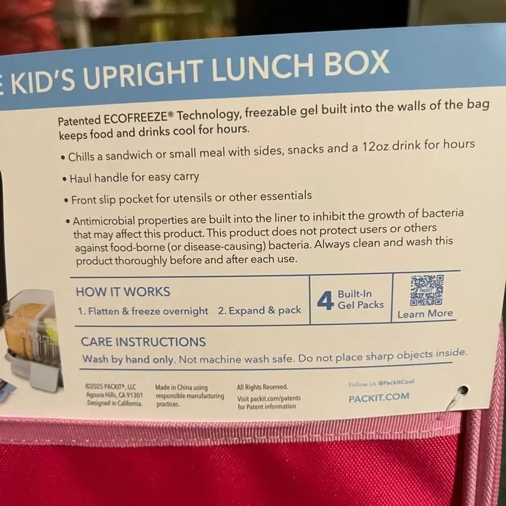 Freezable Kid's Lunch Box - pink color EcoFreeze technology, back to school